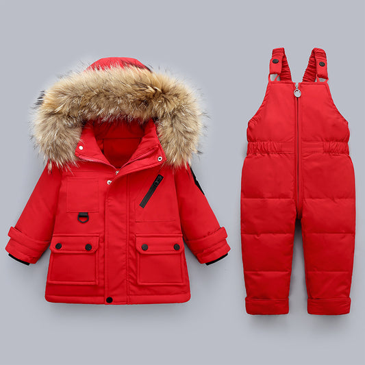 Red winter coat with fur hood and red snowsuit on a gray background