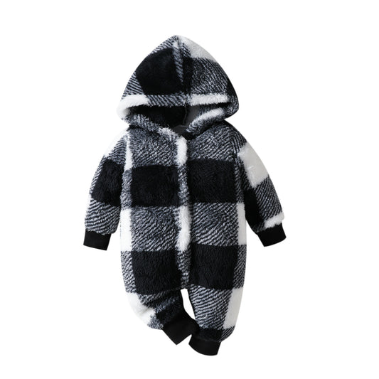 Black and white checkered baby onesie with a hood on a white background