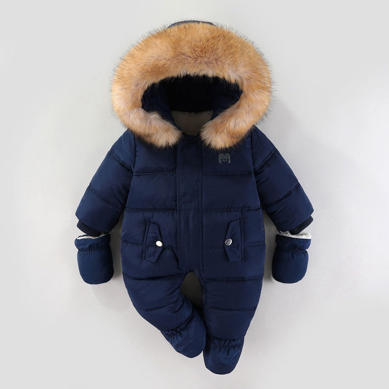 Navy blue baby snowsuit with fur hood on a white background
