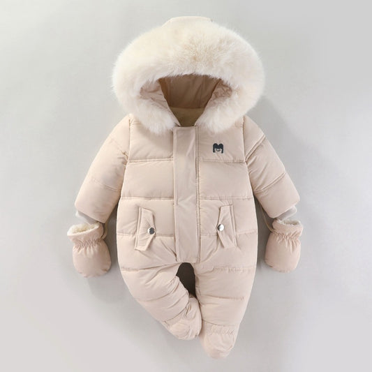 Beige baby snowsuit with fur hood on a light gray background