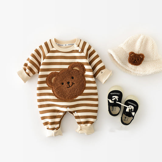 Baby outfit with striped romper, shoes, and hat featuring bear designs on a white background