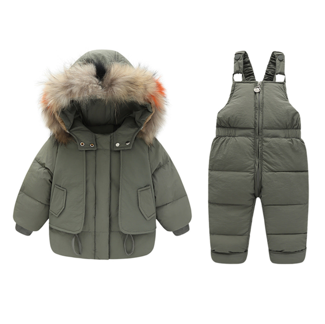 Green winter jacket with fur-lined hood and matching snowbib on a white background