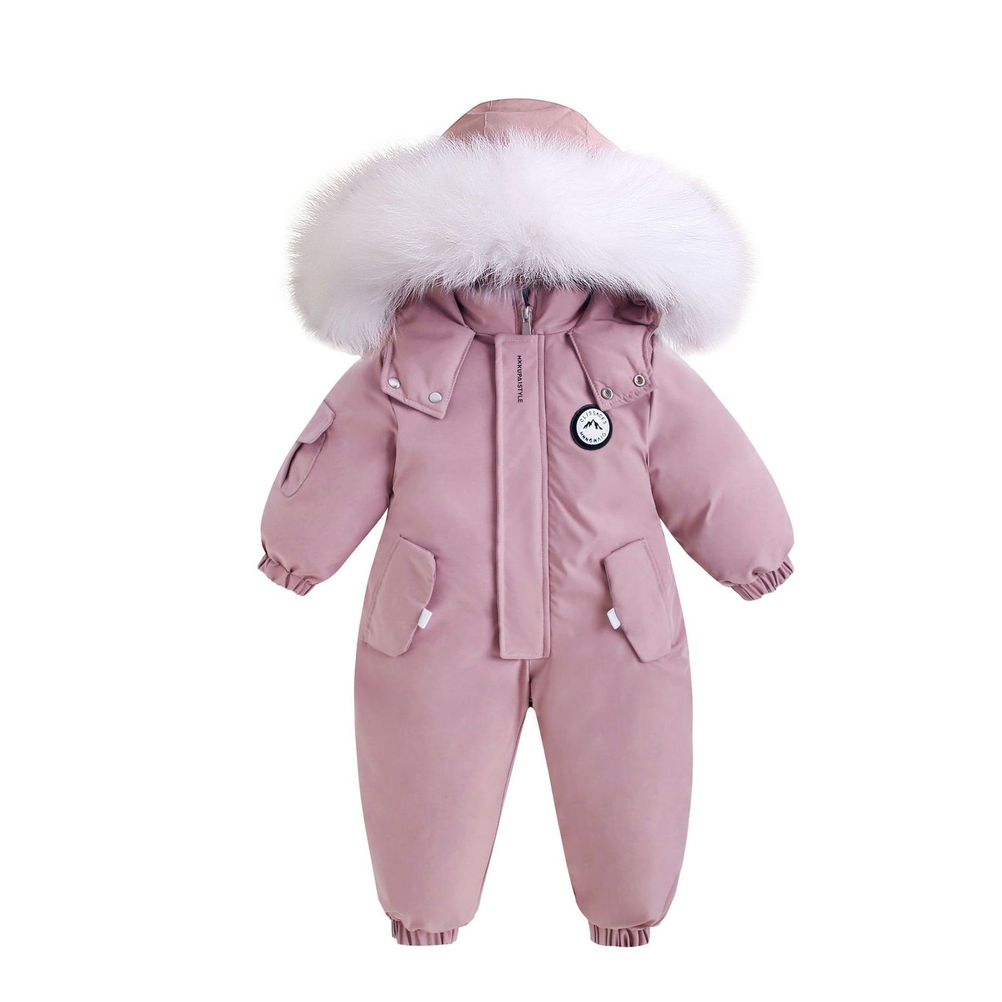 Pink baby snowsuit with fur hood on a white background