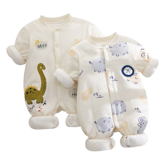 Two baby onesies with animal designs on a white background