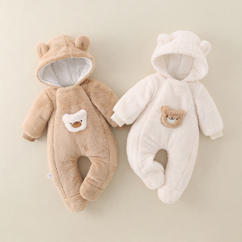 Two baby pram suit, one beige and one white, with bear designs on a beige background.
