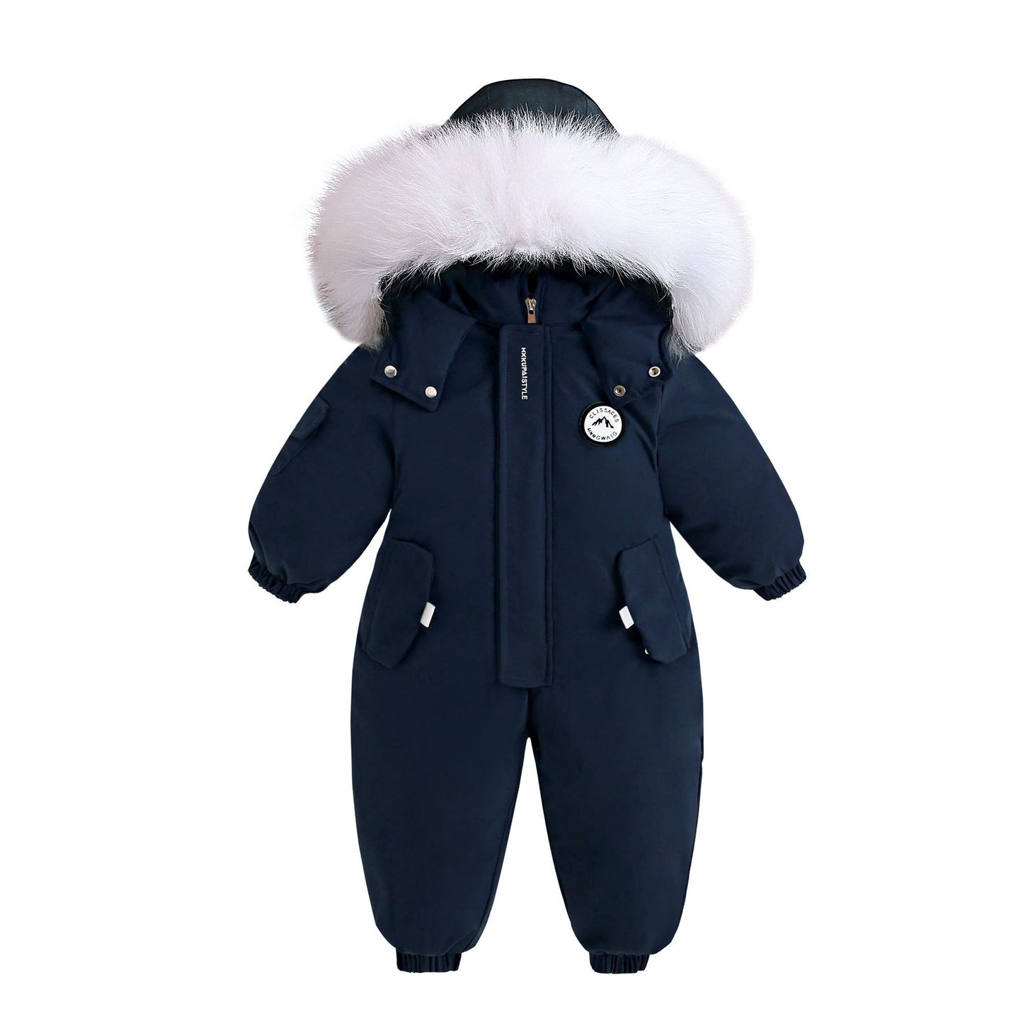 Navy blue baby snowsuit with white fur hood on a white background