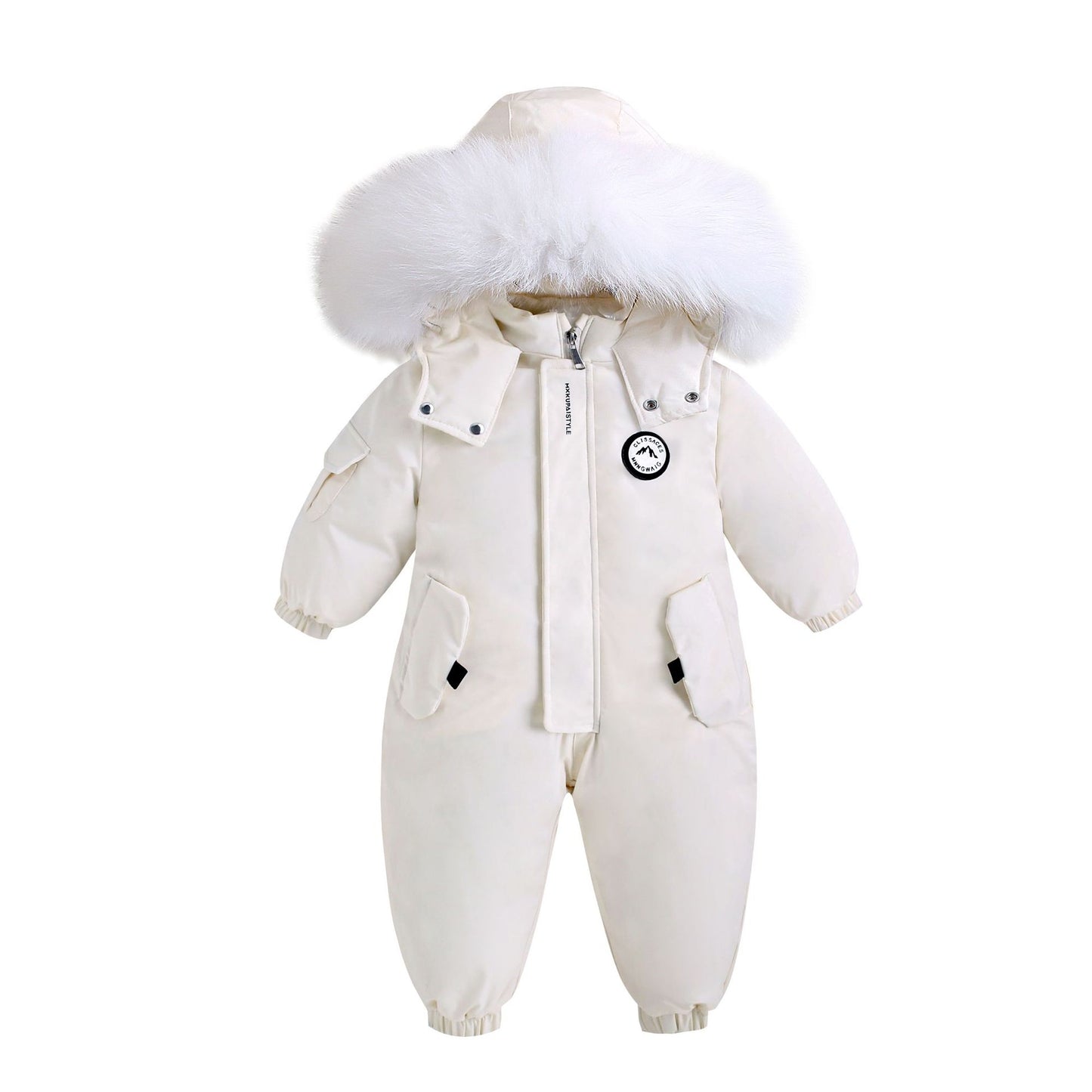 White baby snowsuit with a large fur hood on a white background