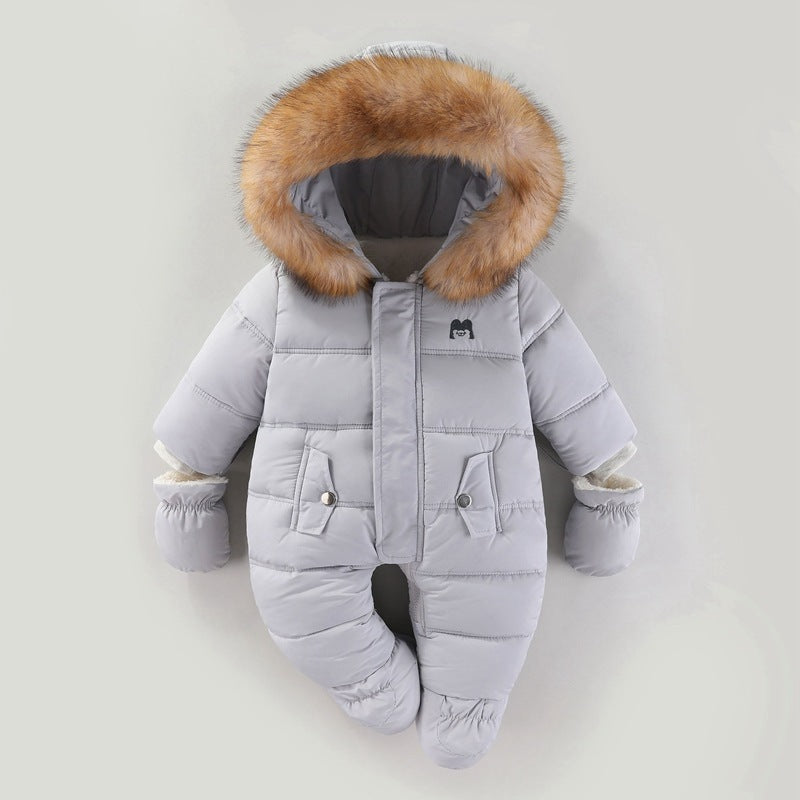Gray baby snowsuit with fur hood on a light gray background