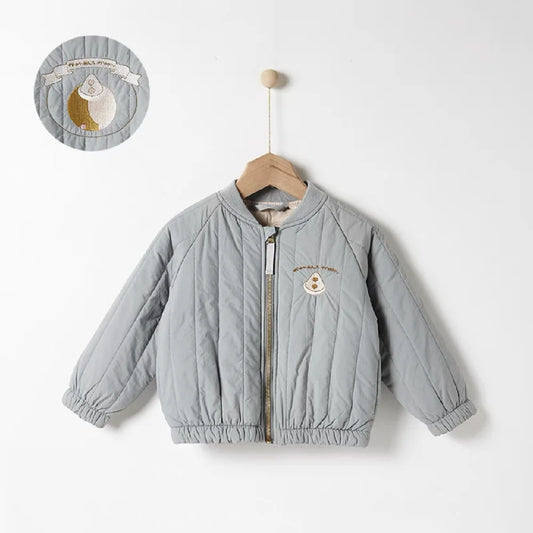 Children's gray jacket with a small logo on a white background
