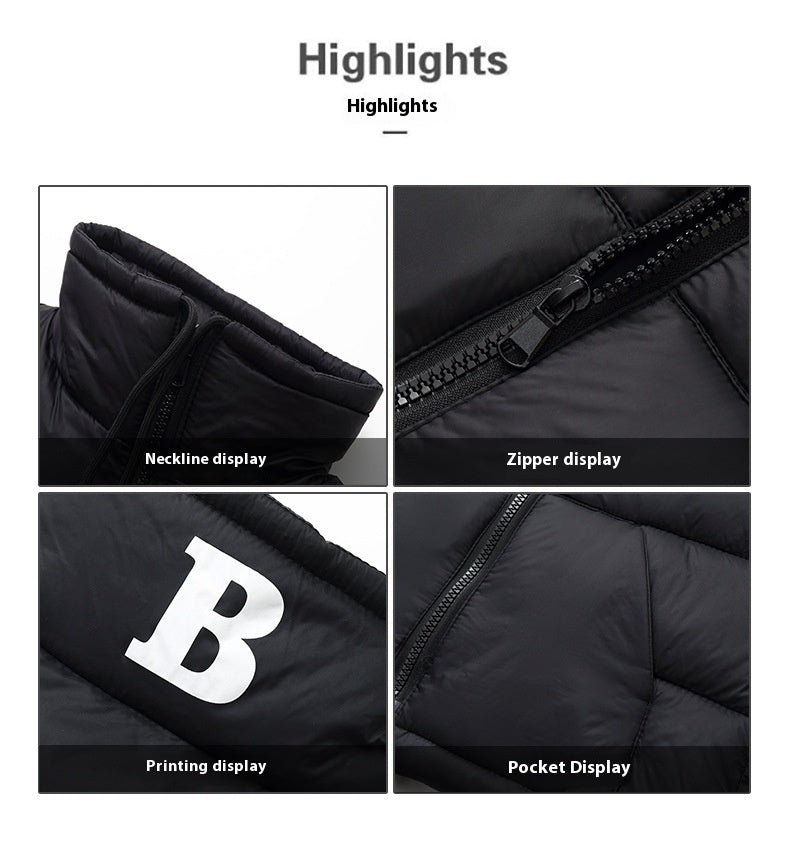 Black puffer jacket with various display features on a white background