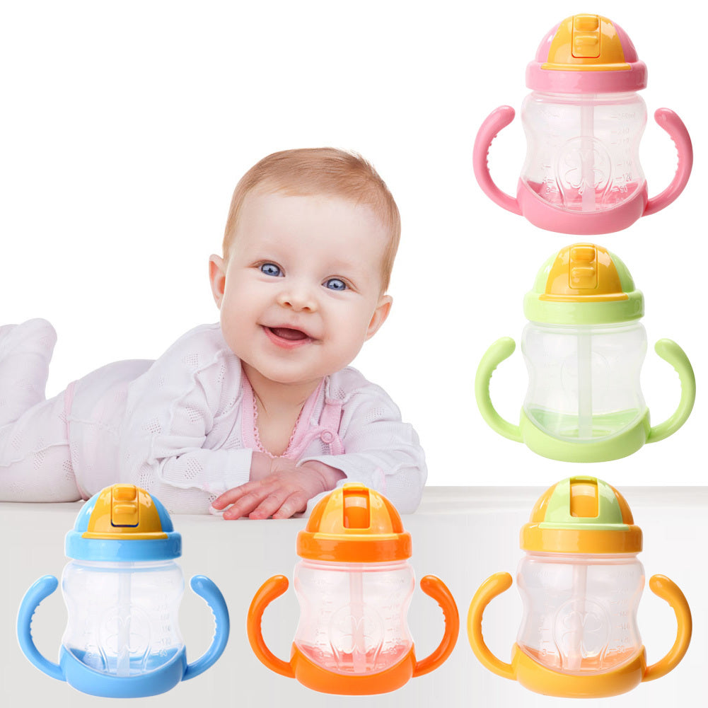 280ML CUTE BABY CUP KIDS LEARN FEEDING DRINKING WATER STRAW HANDLE BOTTLE