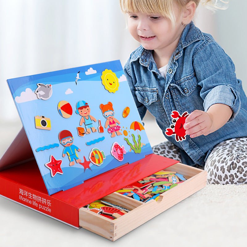 MULTIFUNCTINAL PUZZLE WOODEN DRAWING BOARD MAGNETIC STICKER TOY