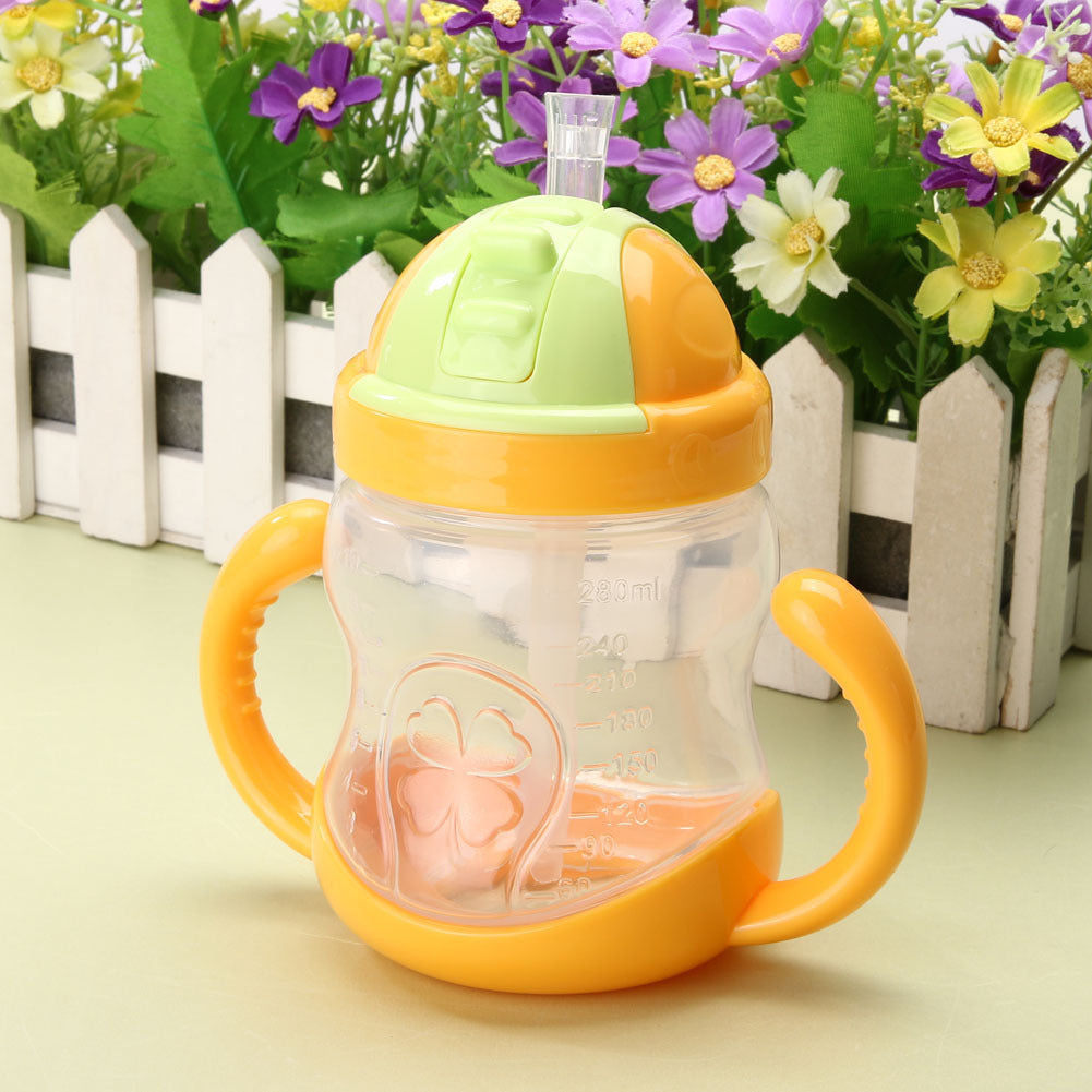 280ML CUTE BABY CUP KIDS LEARN FEEDING DRINKING WATER STRAW HANDLE BOTTLE