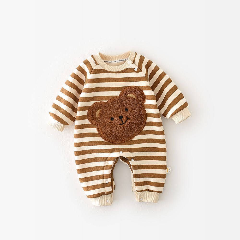 Striped baby romper with bear face design on a white background