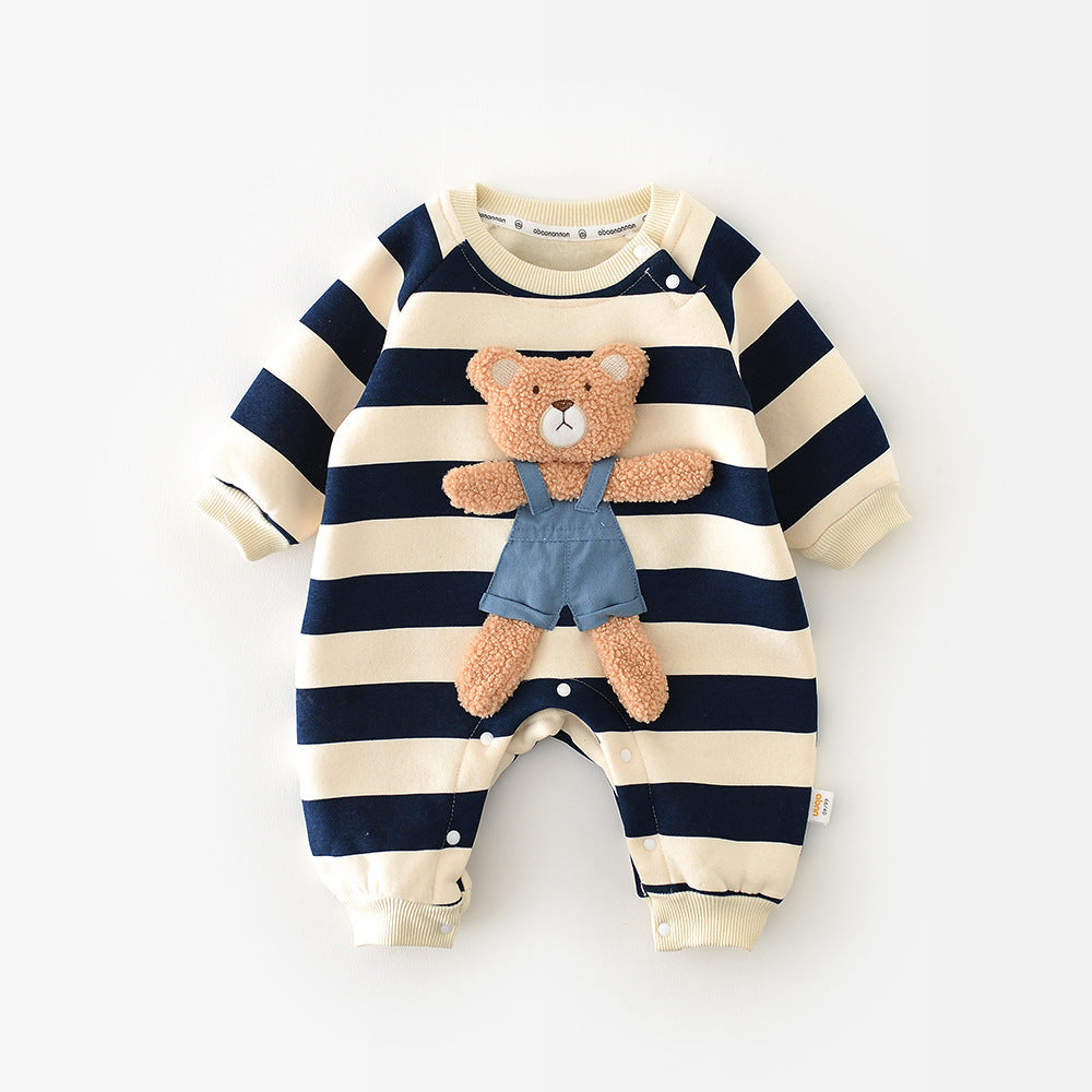 Striped baby romper with teddy bear design on a white background