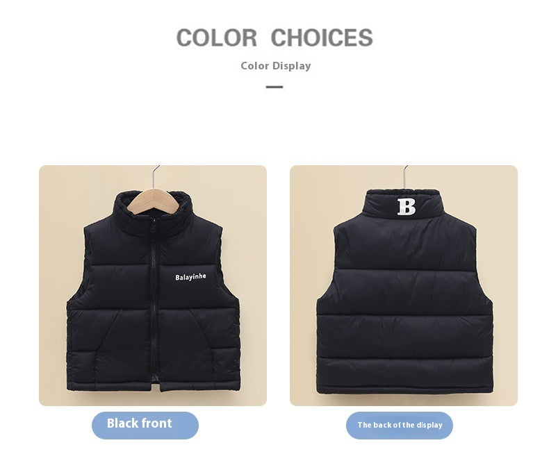 Black puffer vest with brand logo on a beige background