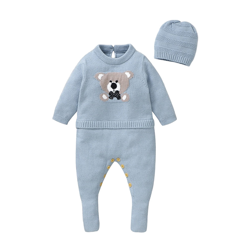 Blue baby outfit with bear design and matching hat on a white background