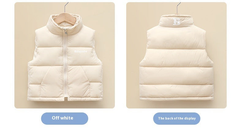 Beige puffer vest shown from front and back on a beige background