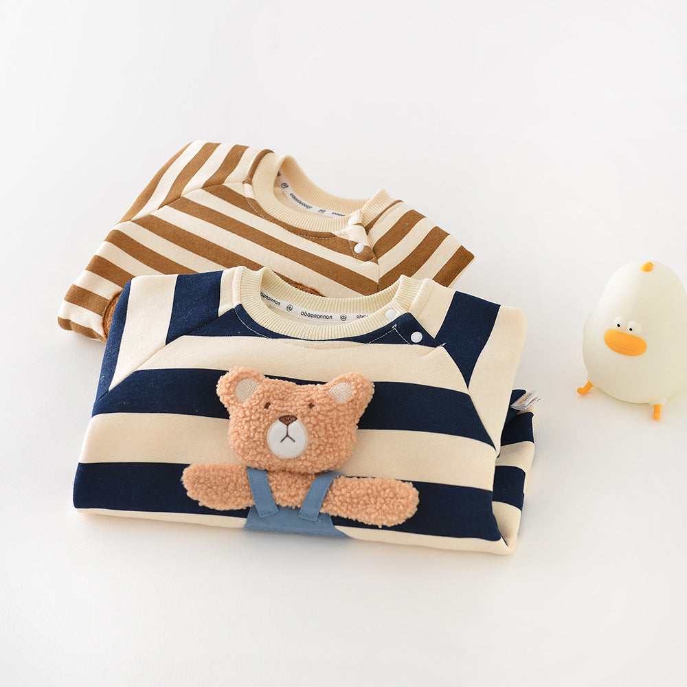Striped baby romper with teddy bear design on a white background