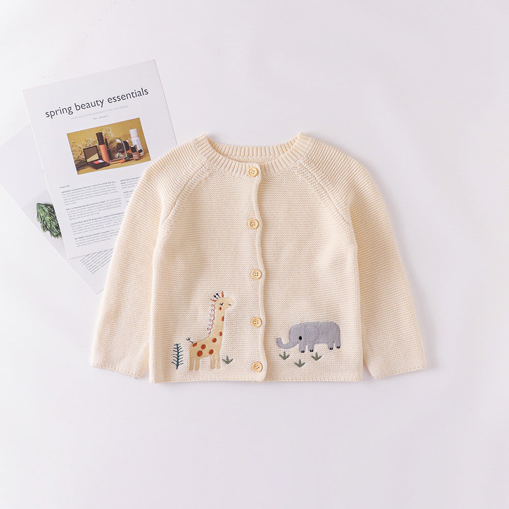 Baby cardigan with animal designs on a white background
