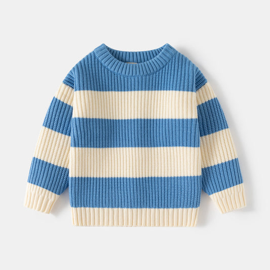 Blue and beige striped sweater on a white background