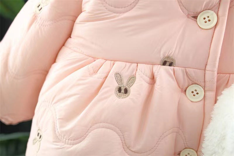 Close-up of a pink children's jacket with decorative buttons and a fluffy texture.