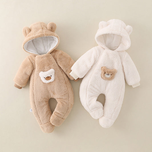 Two baby pram suit, one beige and one white, with bear designs on a beige background.