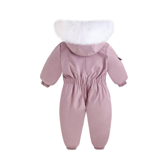 Pink baby back snowsuit with fur hood on a white background