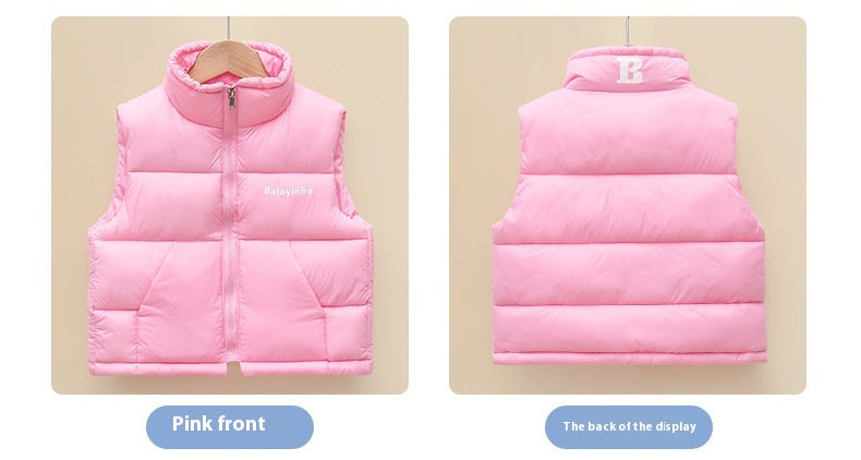 Pink puffer vest shown from front and back on a beige background