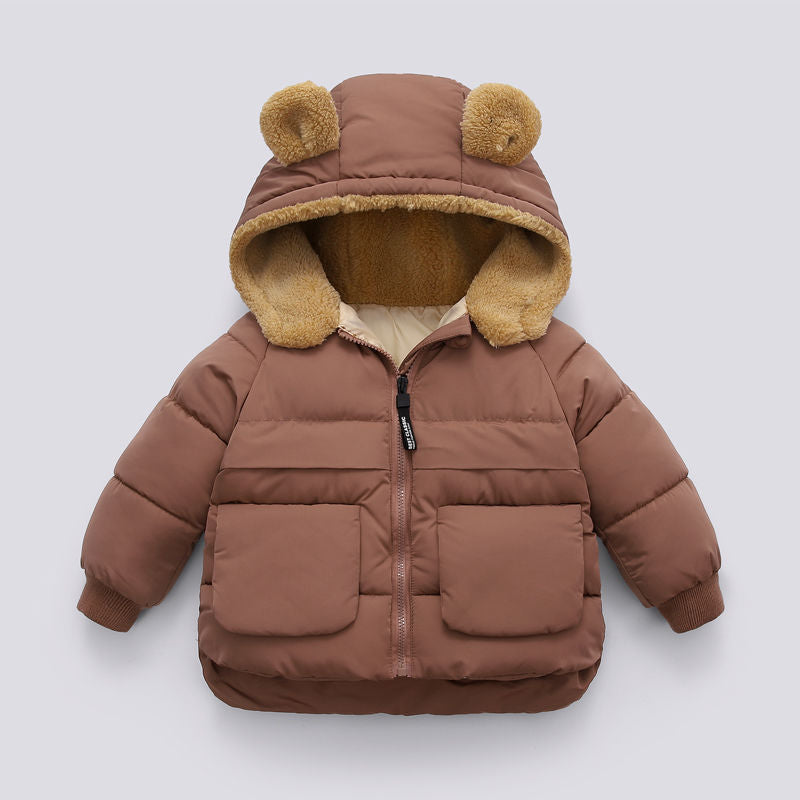 Brown children's puffer jacket with bear ears on a Caramel background