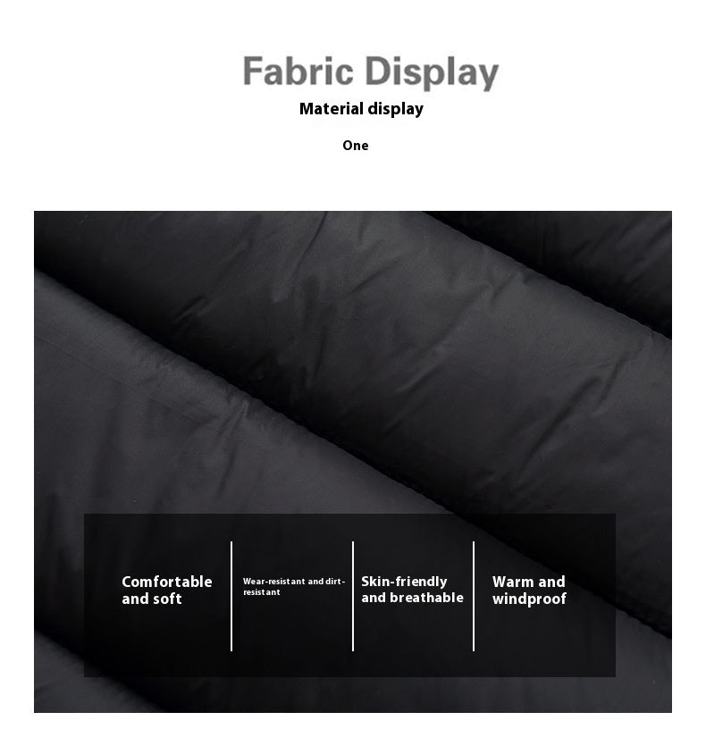Black fabric display with text highlighting features on a white background