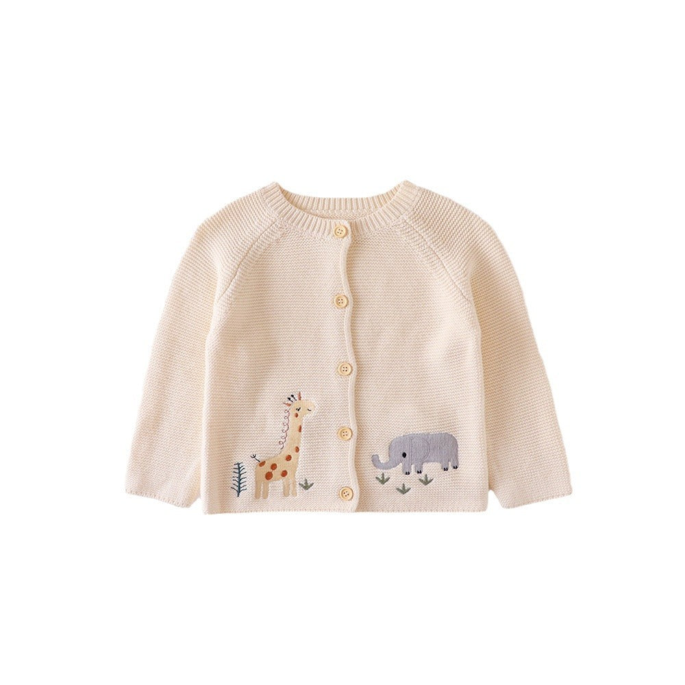 Baby cardigan with animal appliqués on a white background
