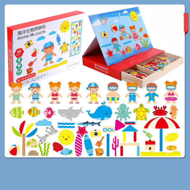 MULTIFUNCTINAL PUZZLE WOODEN DRAWING BOARD MAGNETIC STICKER TOY